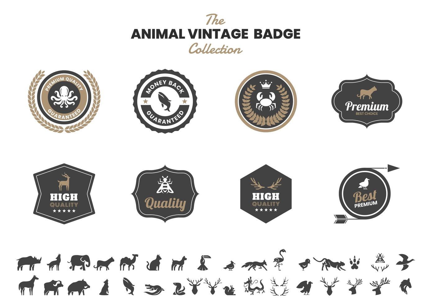 Vintage Badge Set with Octopus and Other Animals vector