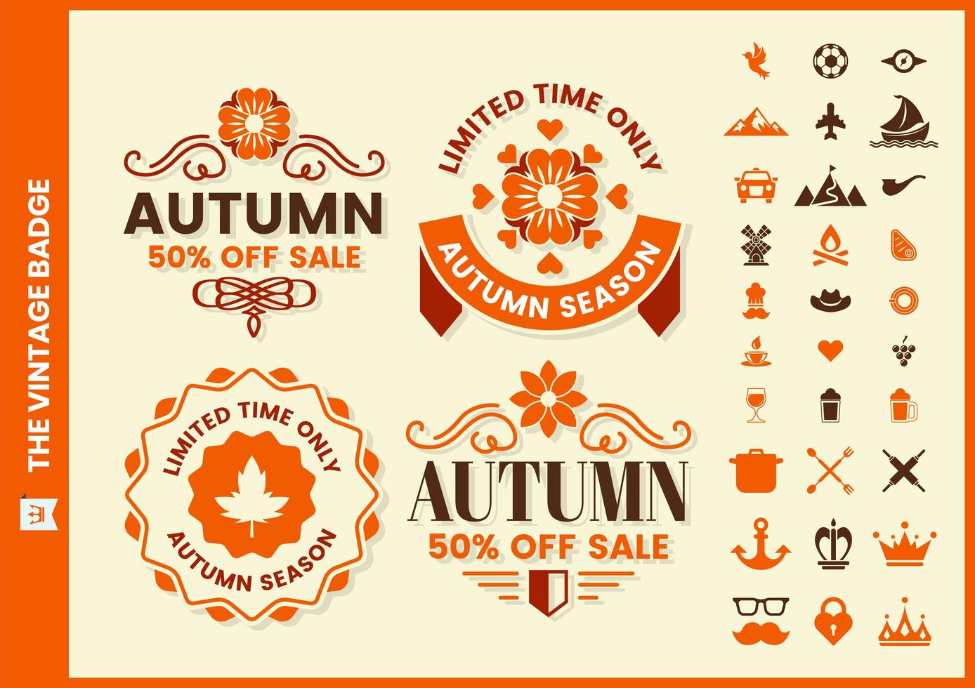 Insignia de venta otoño retro con tema floral vector