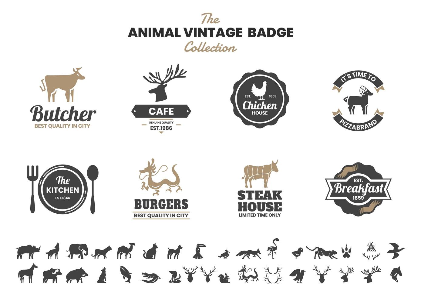 insignia vintage con pollo y otros animales vector
