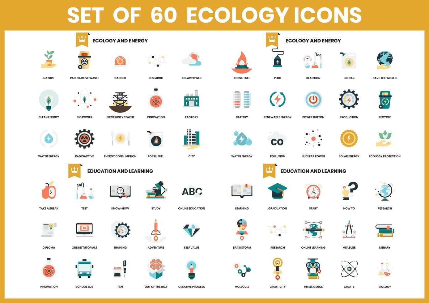 conjunto de 60 iconos de ecología y educación vector