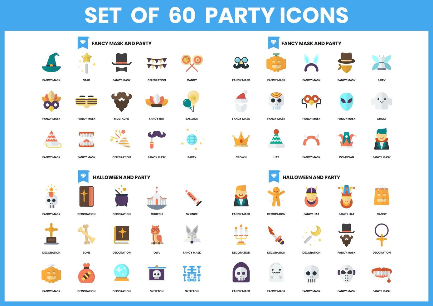 Set of 60 Halloween and Party Icons vector