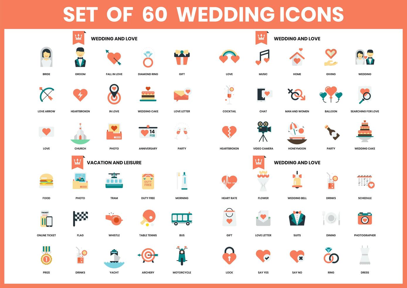 Set of 60 Wedding, Love and Vacation Icons vector