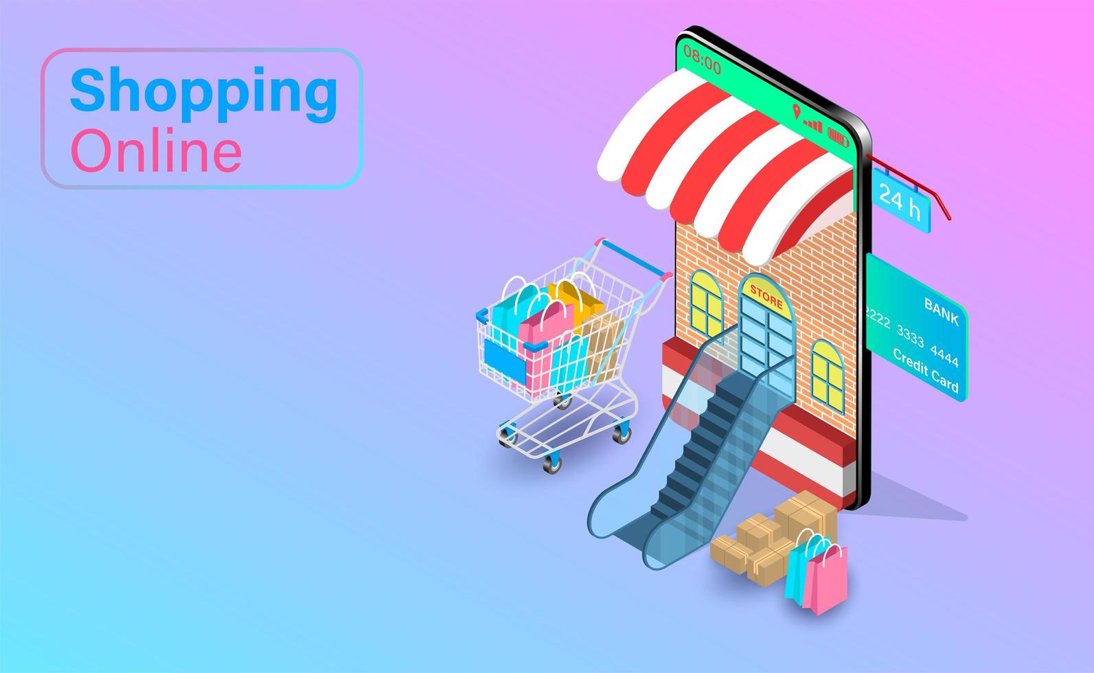 Mobile Phone Shop with Shopping Cart and Bags vector