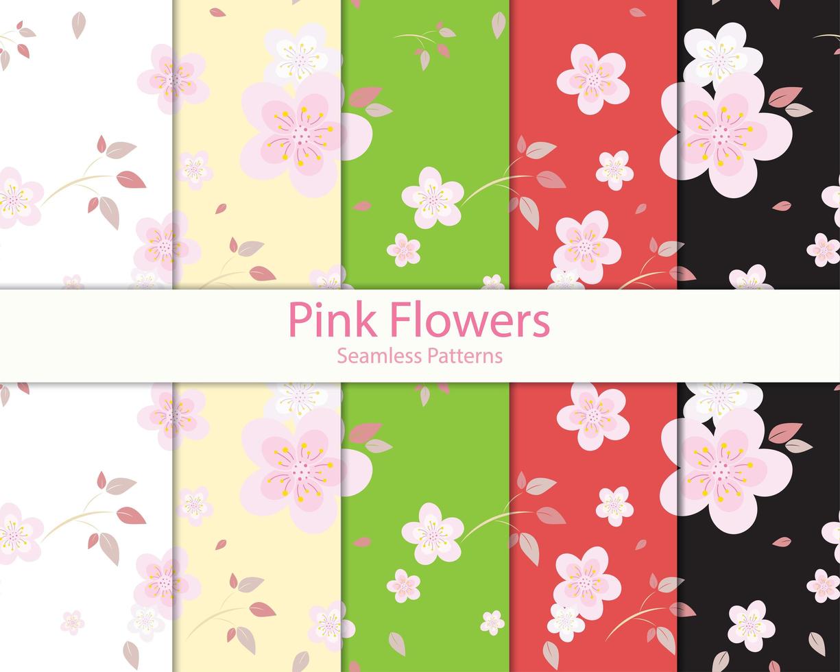 fondos coloridos con conjunto de patrones de flores rosadas vector