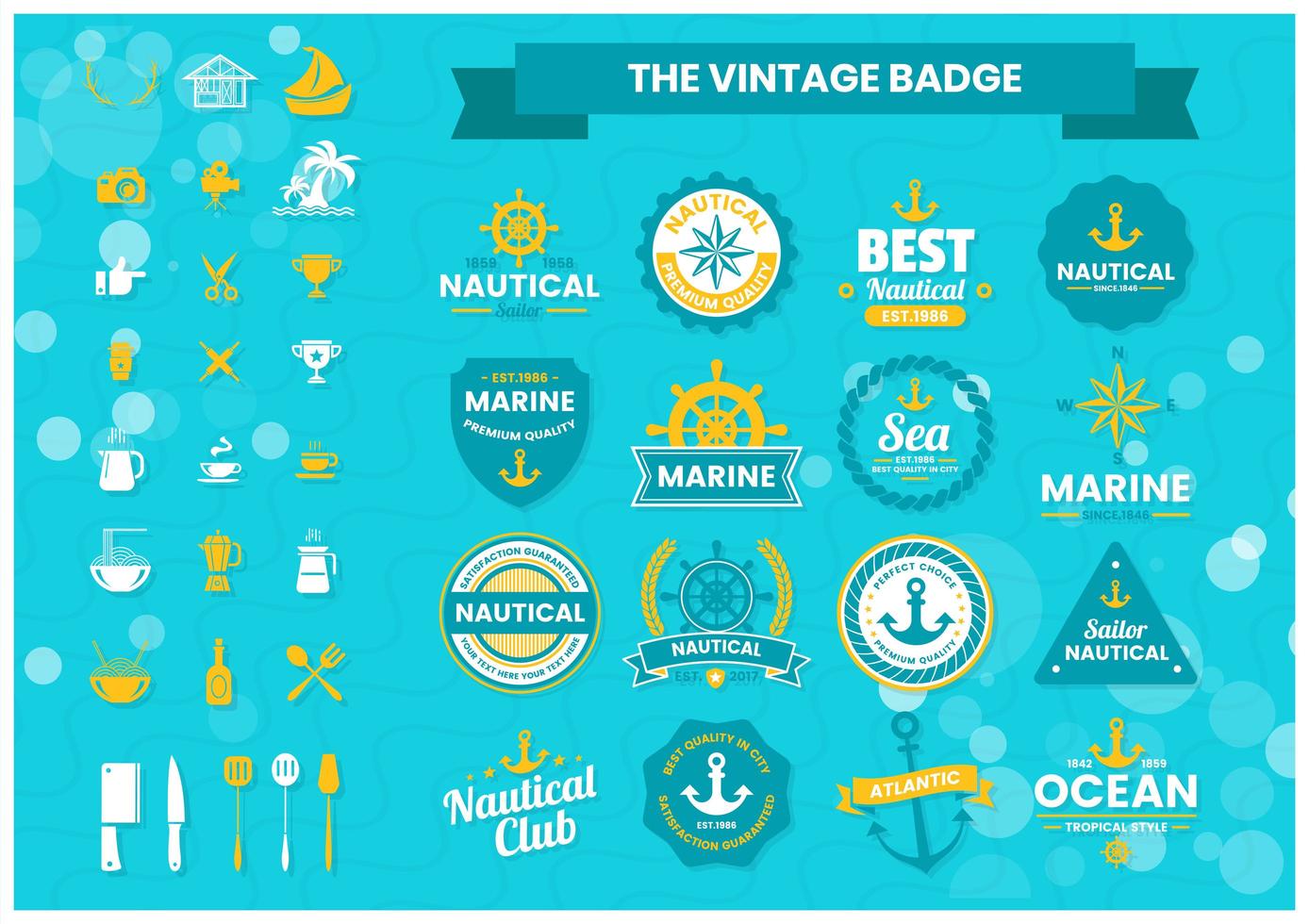 Blue and Yellow Nautical and Marine Logos Set vector