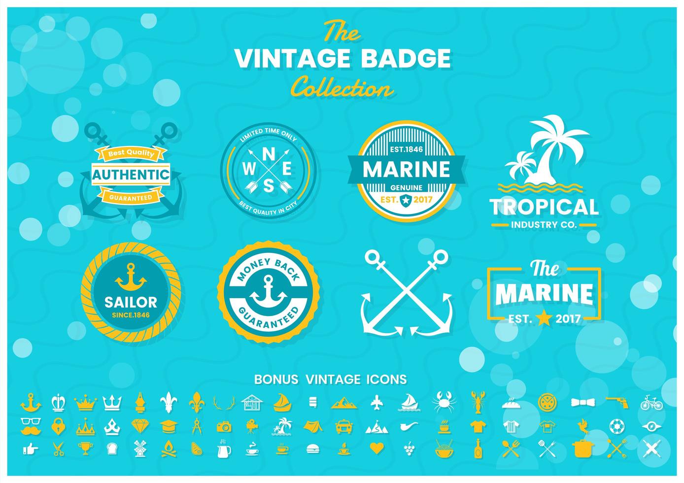 Vintage Blue Tropical Summer Logos Set vector