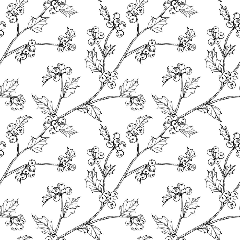 Hand Drawn Holly Berries and Leaf Seamless Design  vector