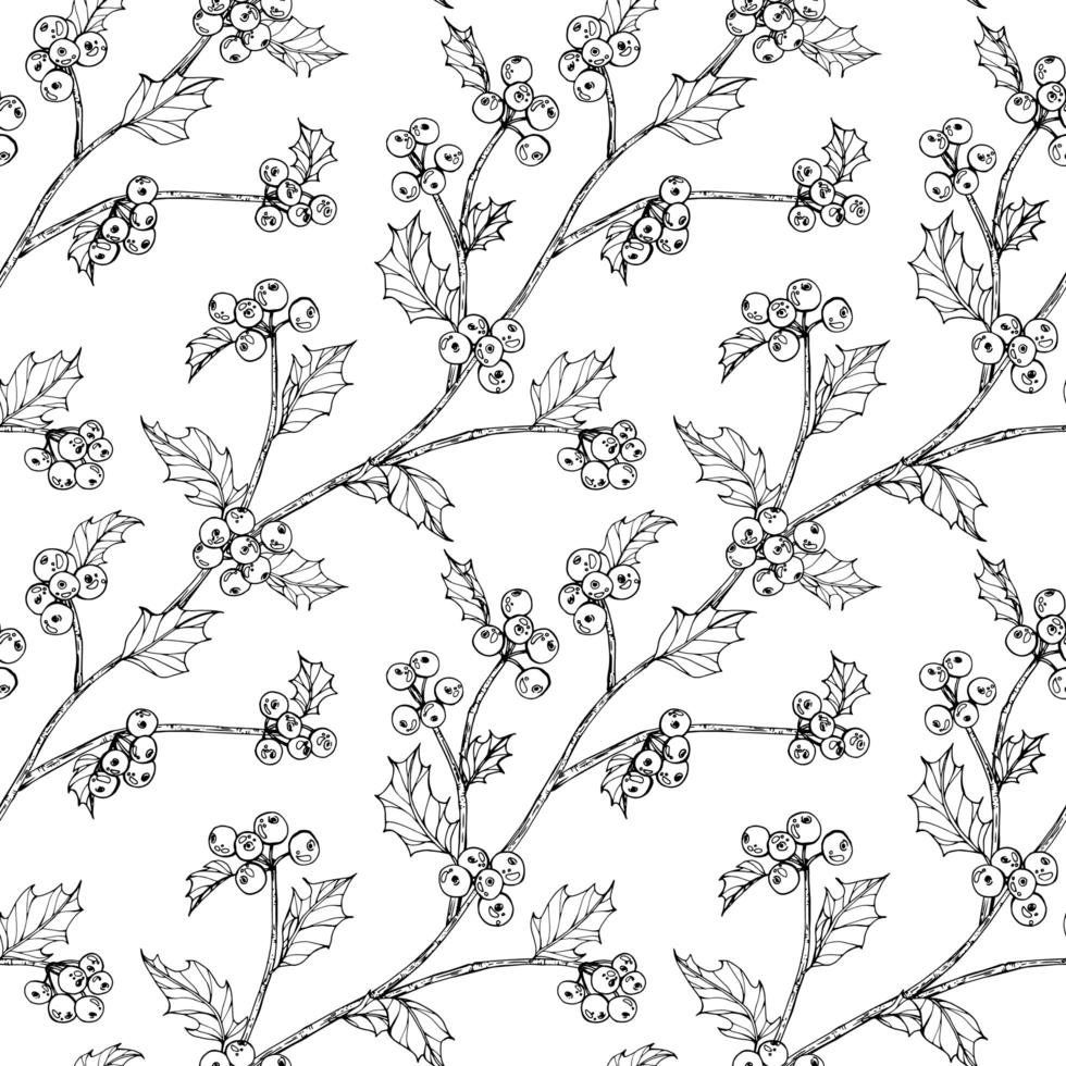 Hand Drawn Holly Berries and Leaf Seamless Design  vector