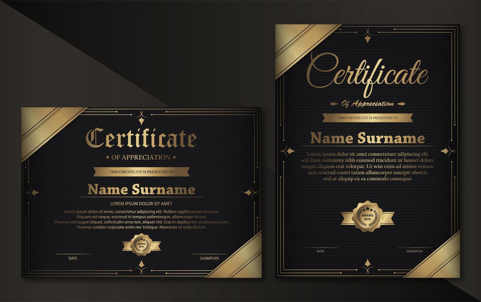 plantilla de certificado de lujo negro y oro vector