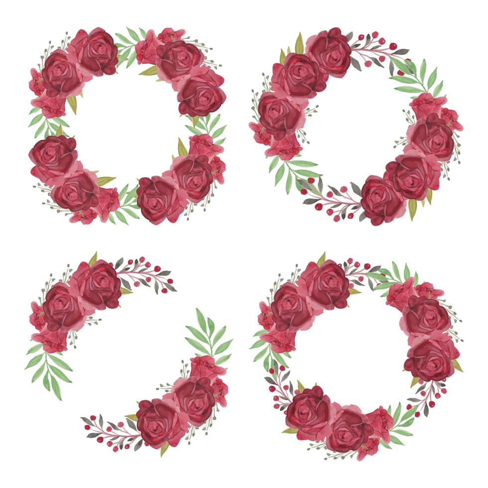Burgundy Watercolor Rose Flower Wreath Collection vector