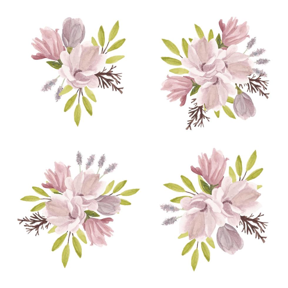 Spring Magnolia Flower Bouquet Watercolor Set vector