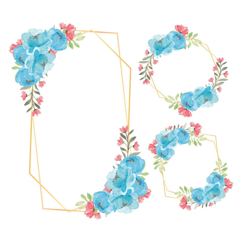 Rustic Floral Frame Watercolor Blue Peony Flower Set vector
