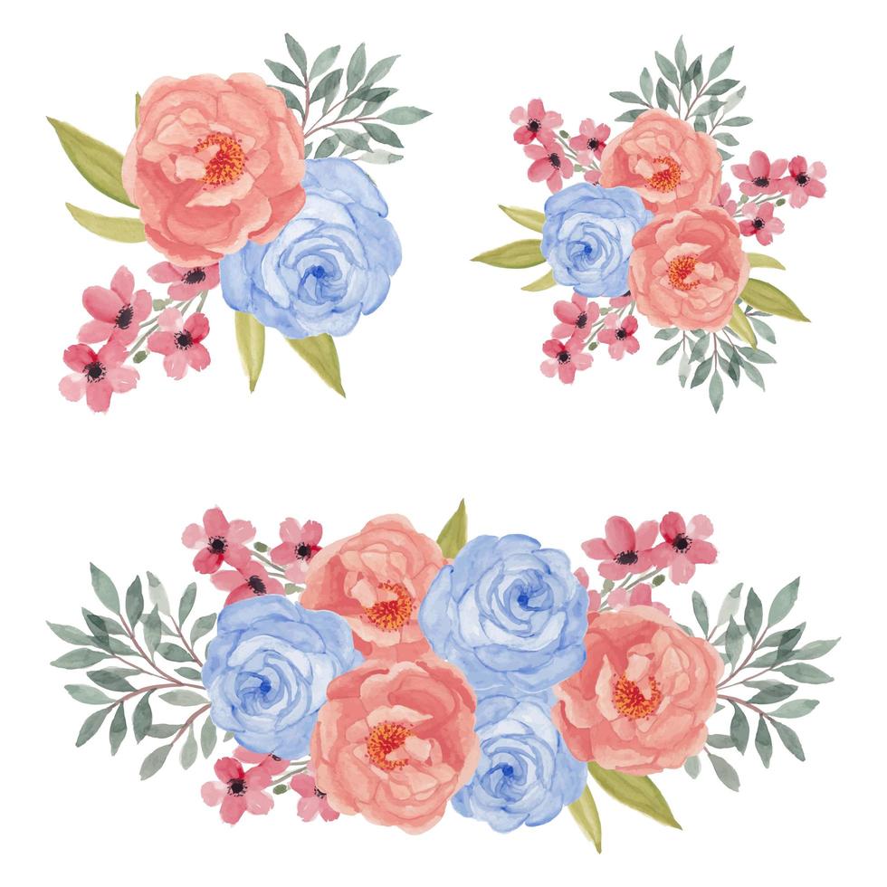 Watercolor Colorful Pink and Blue Rose Flower Bouquet Set vector