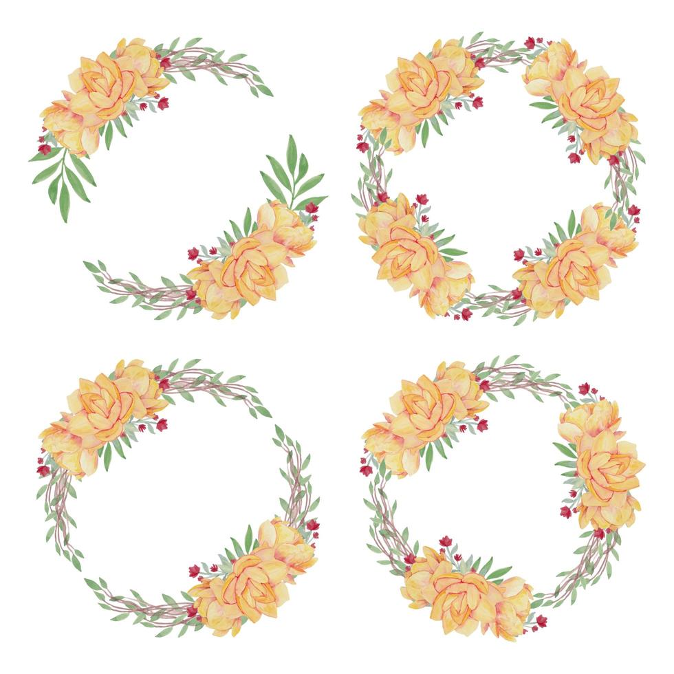 Watercolor Flower Wreath with Yellow Lotus Set vector