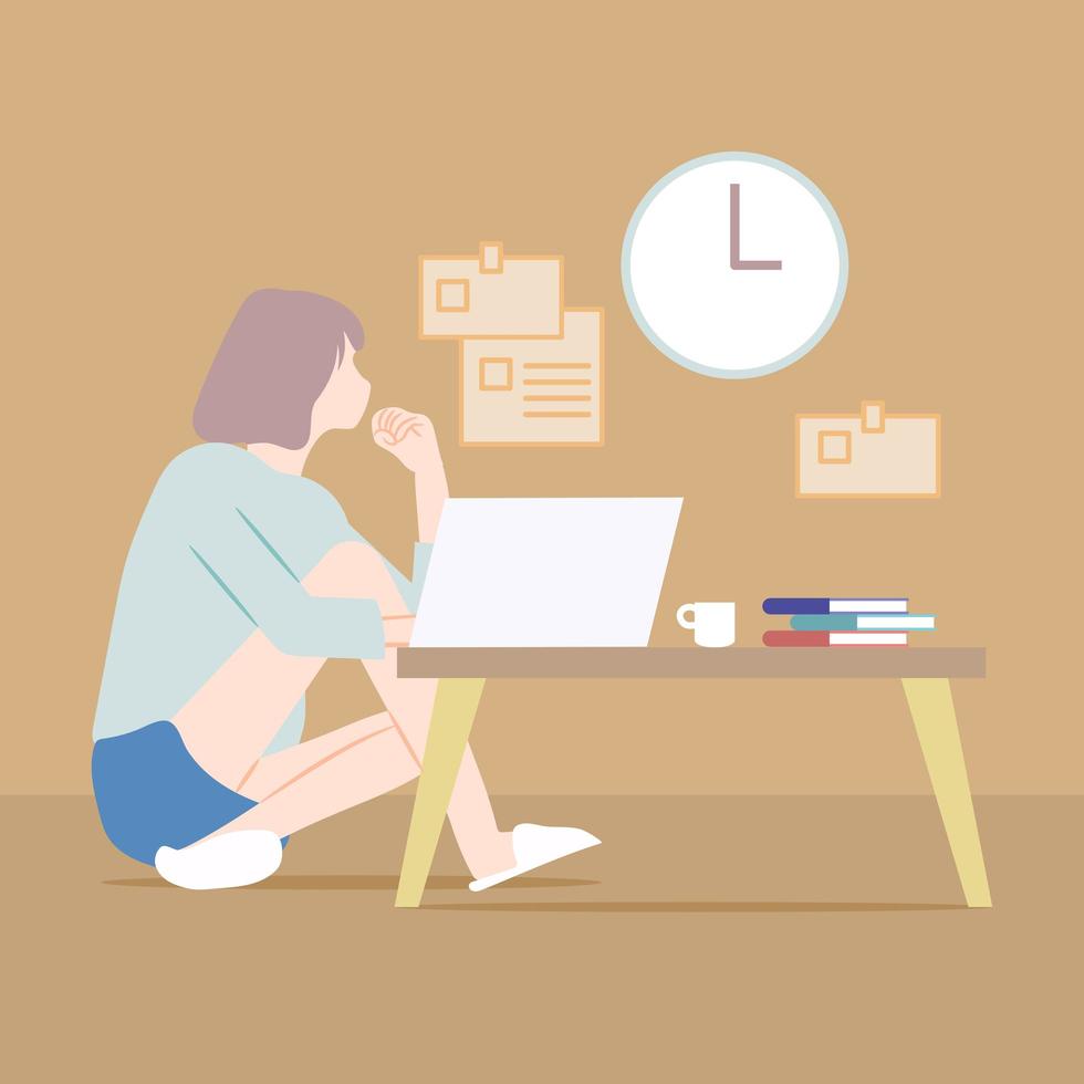 Woman Sitting on Floor Working From Home vector