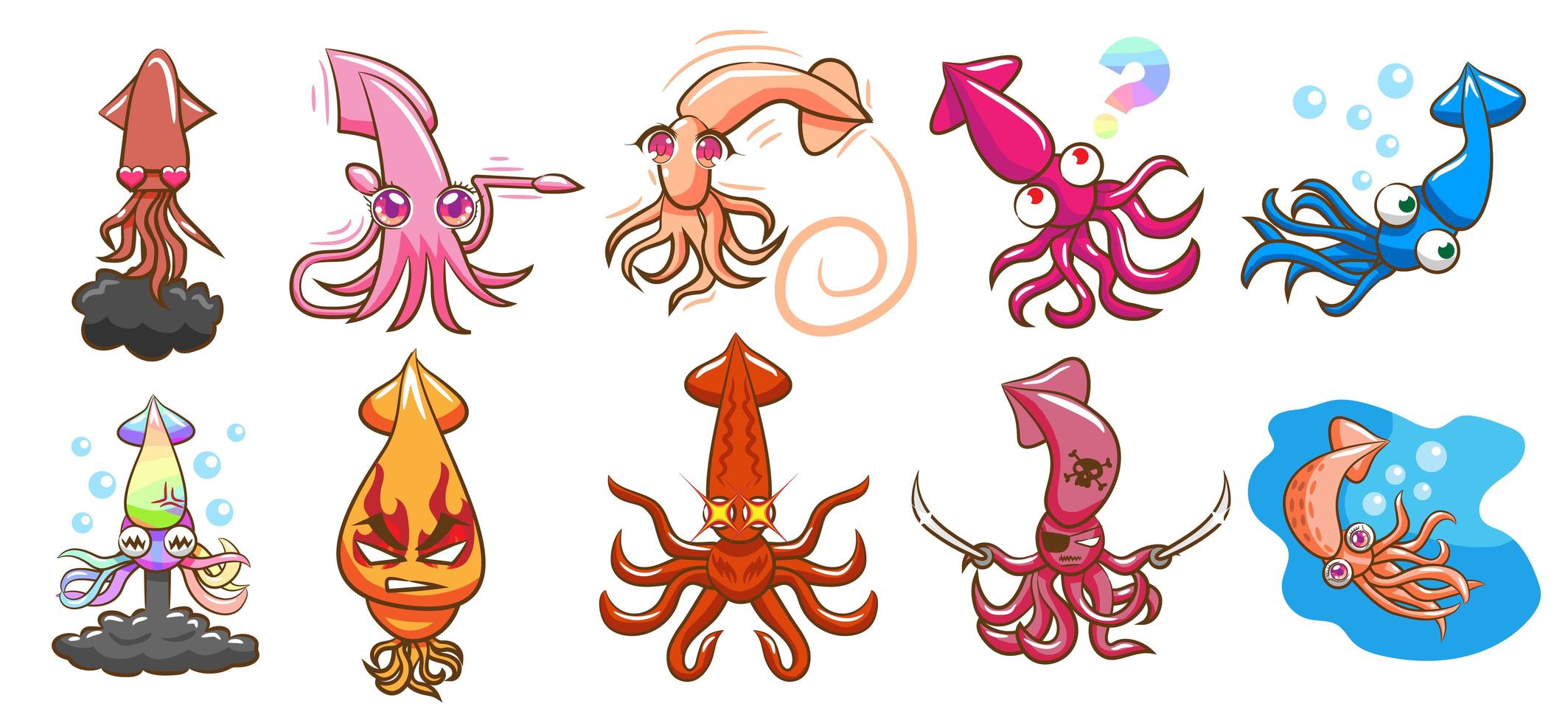 Kawaii Squid Cartoon Set  vector