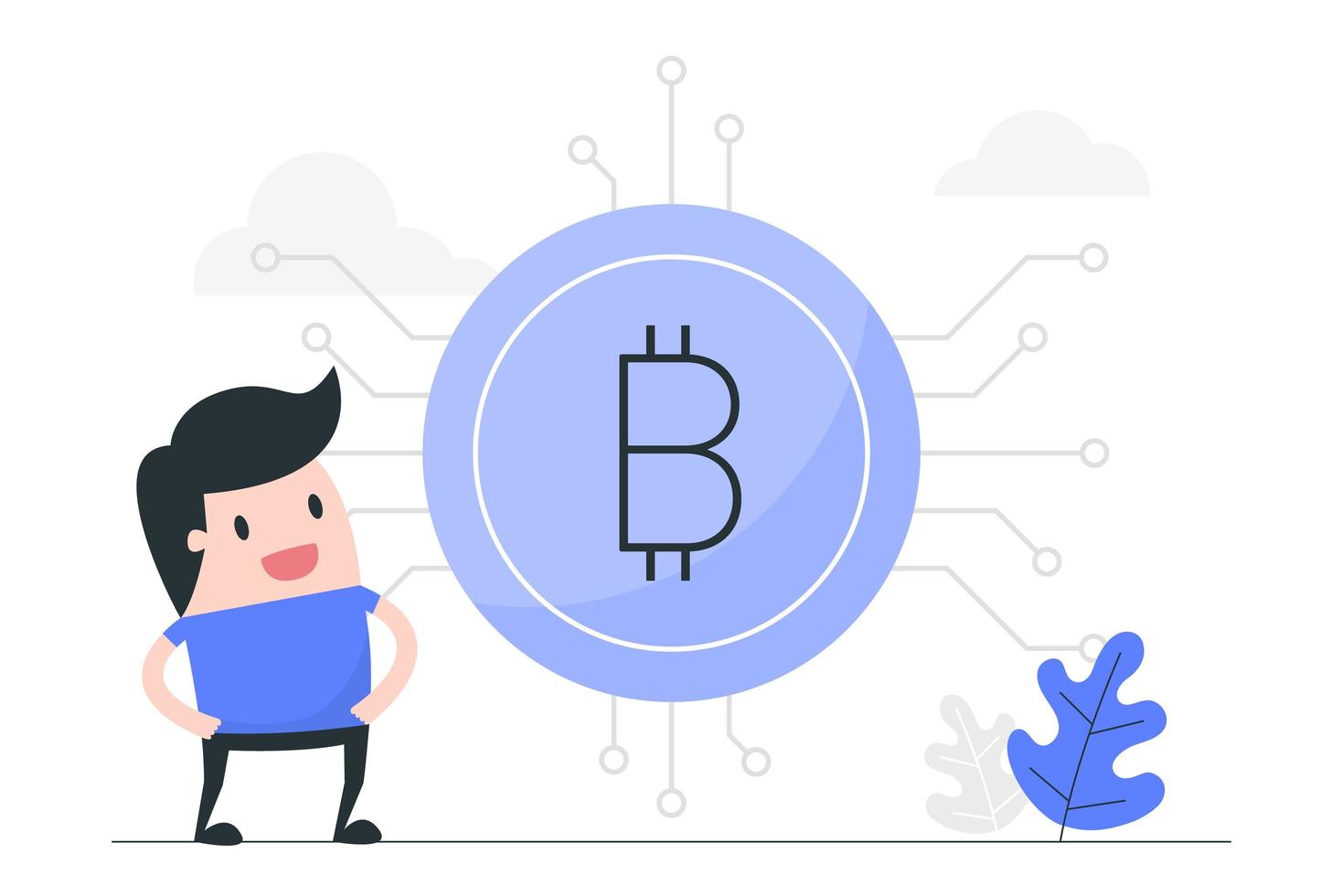 hombre de dibujos animados con bitcoin grande vector