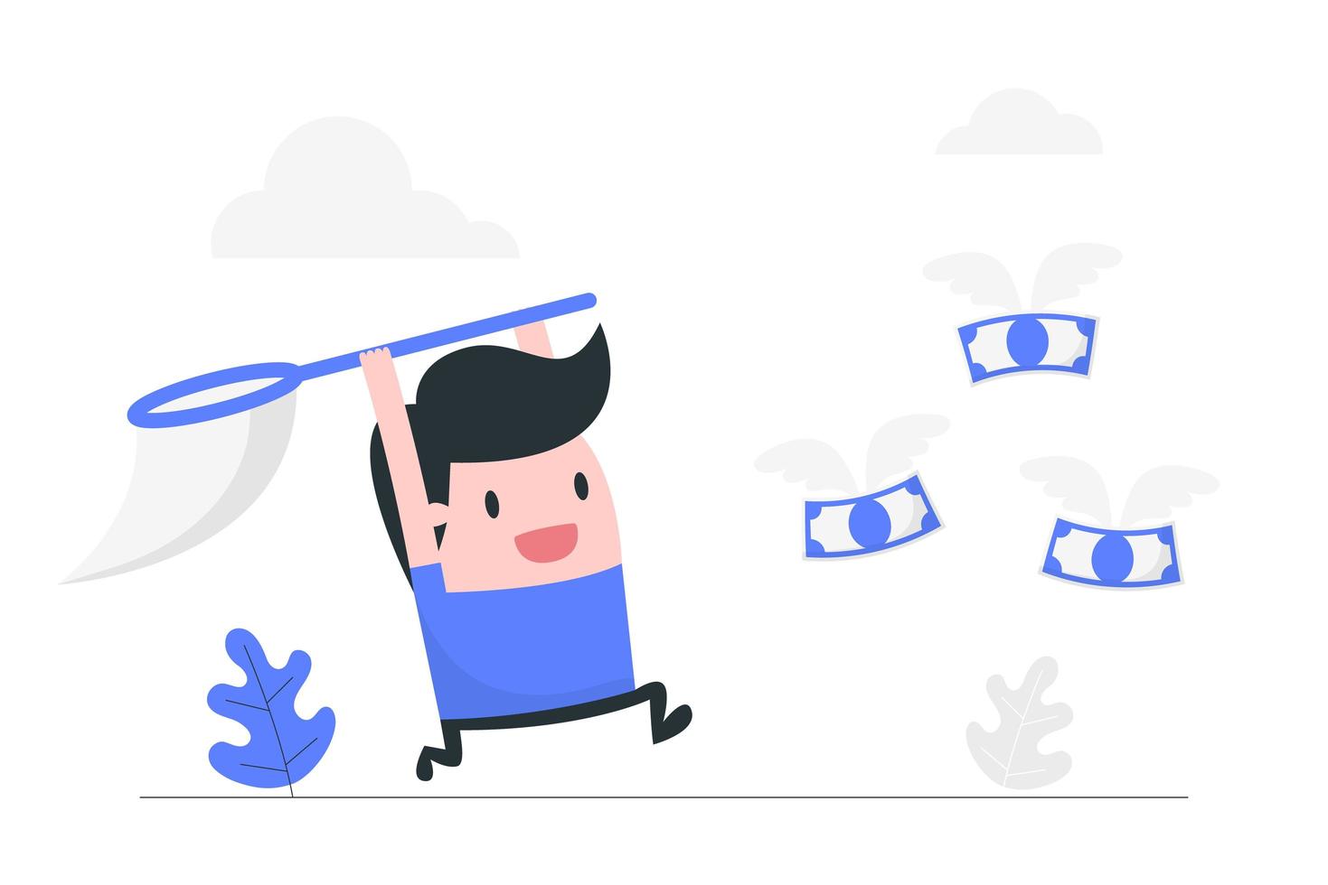 hombre de dibujos animados con dinero persiguiendo neto vector