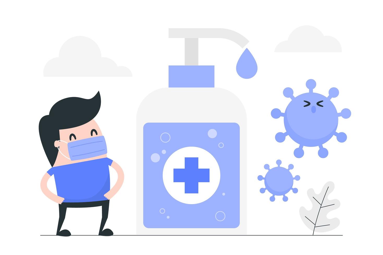 Cartoon Man Fighting Virus with Hand Sanitizer vector