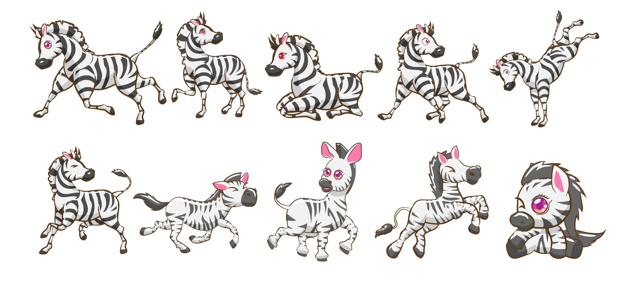conjunto de dibujos animados de cebra estilo kawaii vector