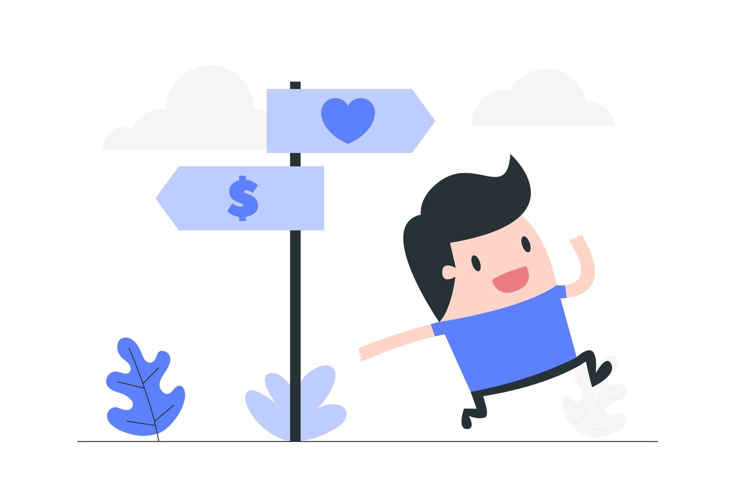 Cartoon Man Choosing Between Love or Money vector