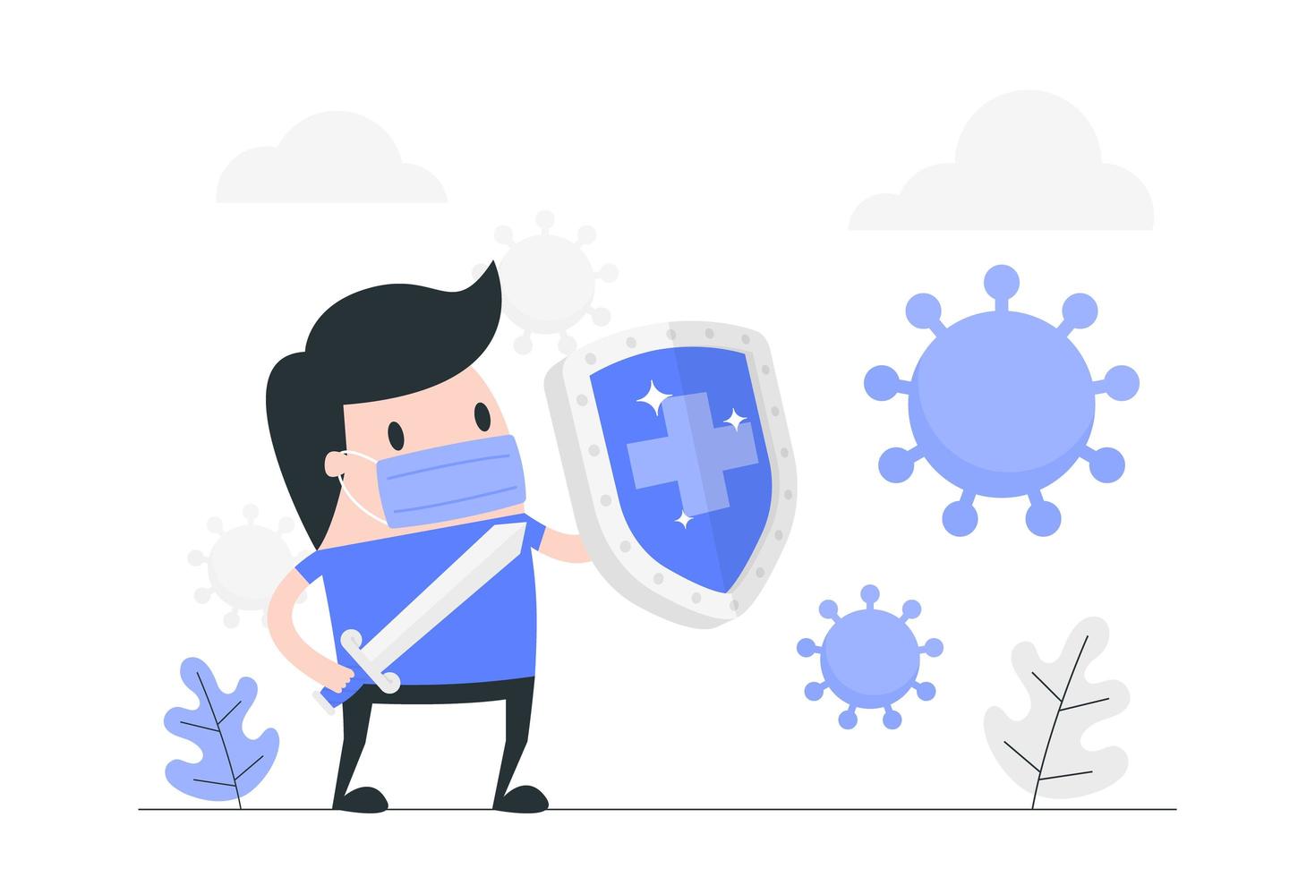 Cartoon Man with Sword and Shield Fighting Virus vector