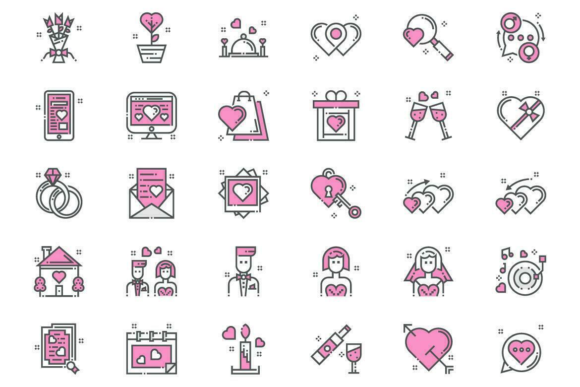 iconos rosados de amor y romance vector