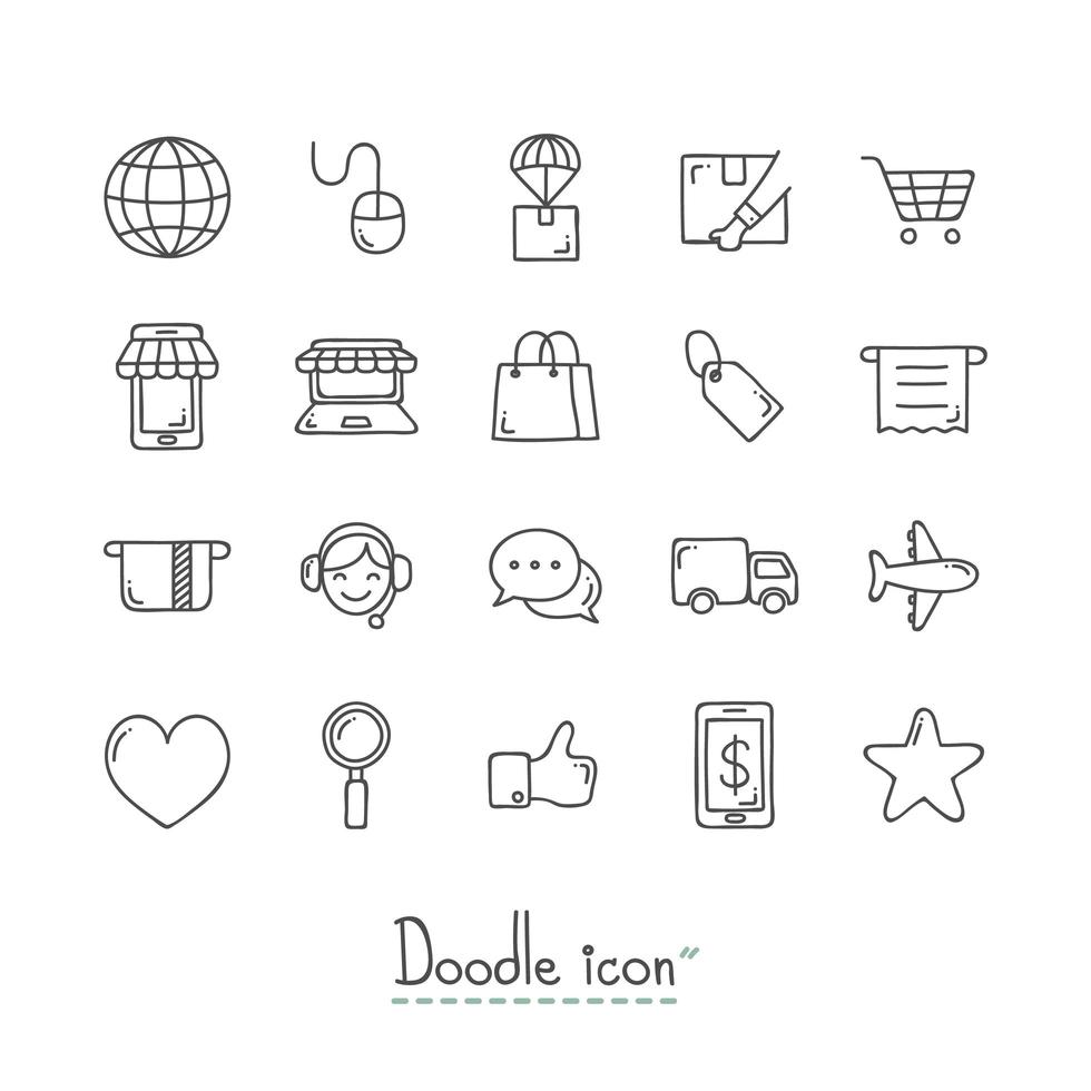 Doodle conjunto de iconos de comercio electrónico vector