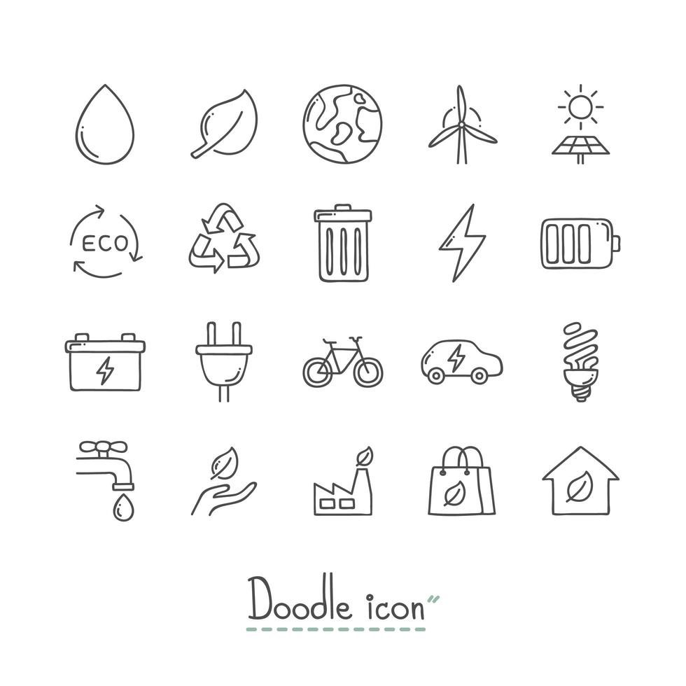 Doodle conjunto de iconos de ecología vector