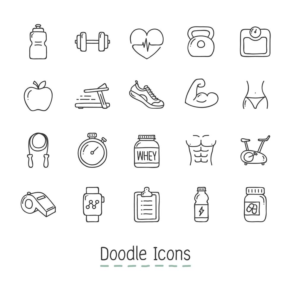 Doodle conjunto de iconos de salud y fitness vector