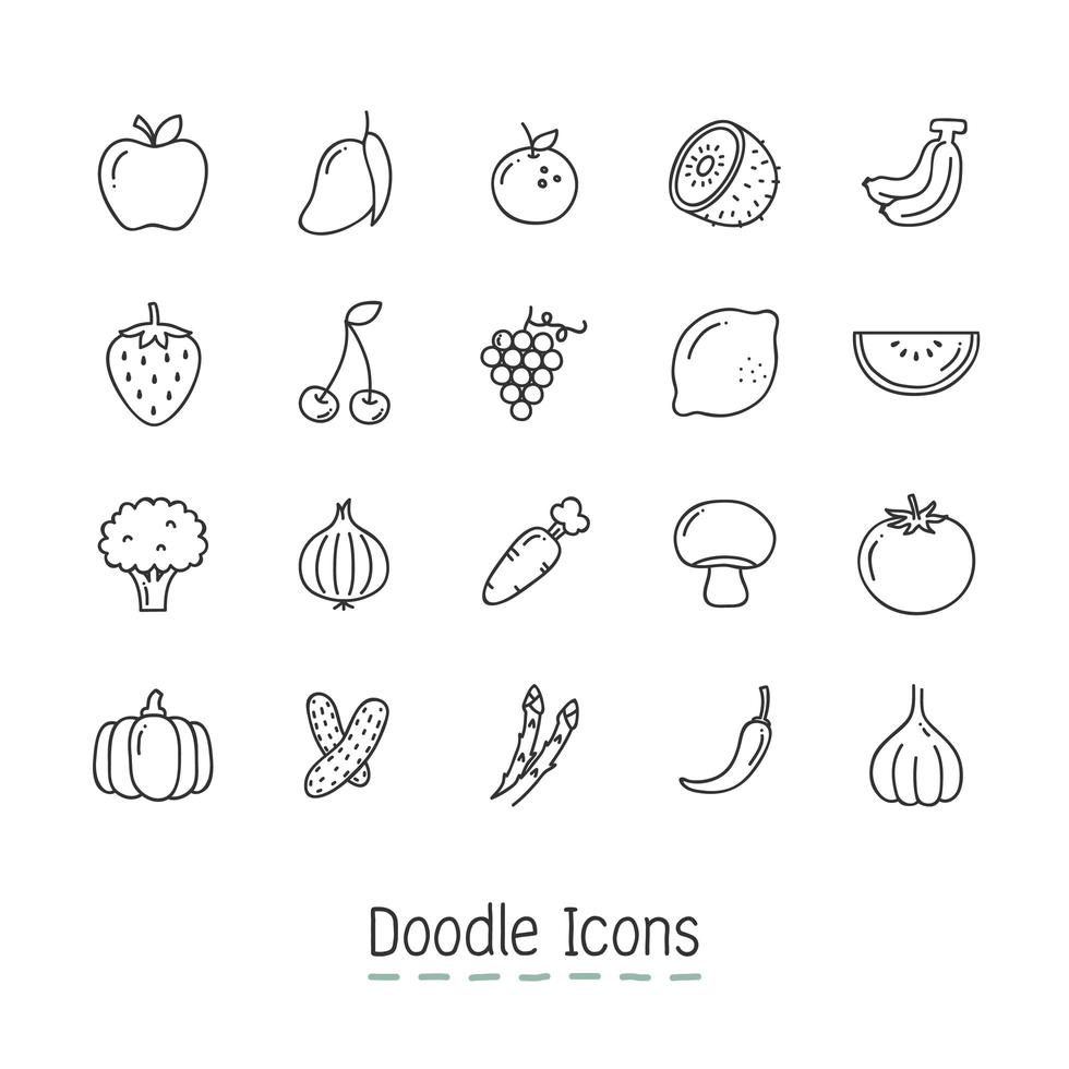 Doodle conjunto de iconos de frutas y verduras vector