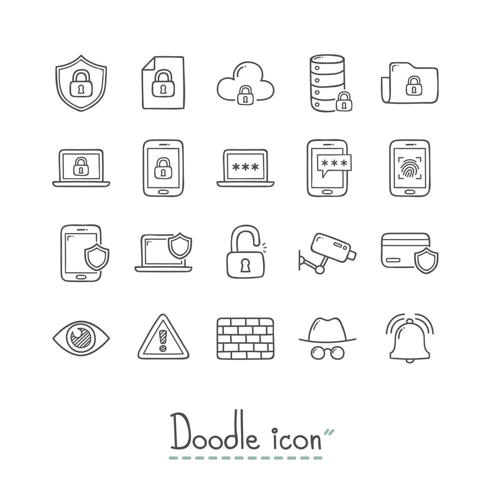 conjunto de iconos de seguridad Doodle vector