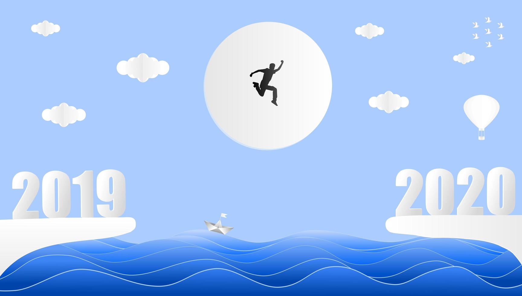 Man Jumping Sea to 2020 in Paper Cut Style vector