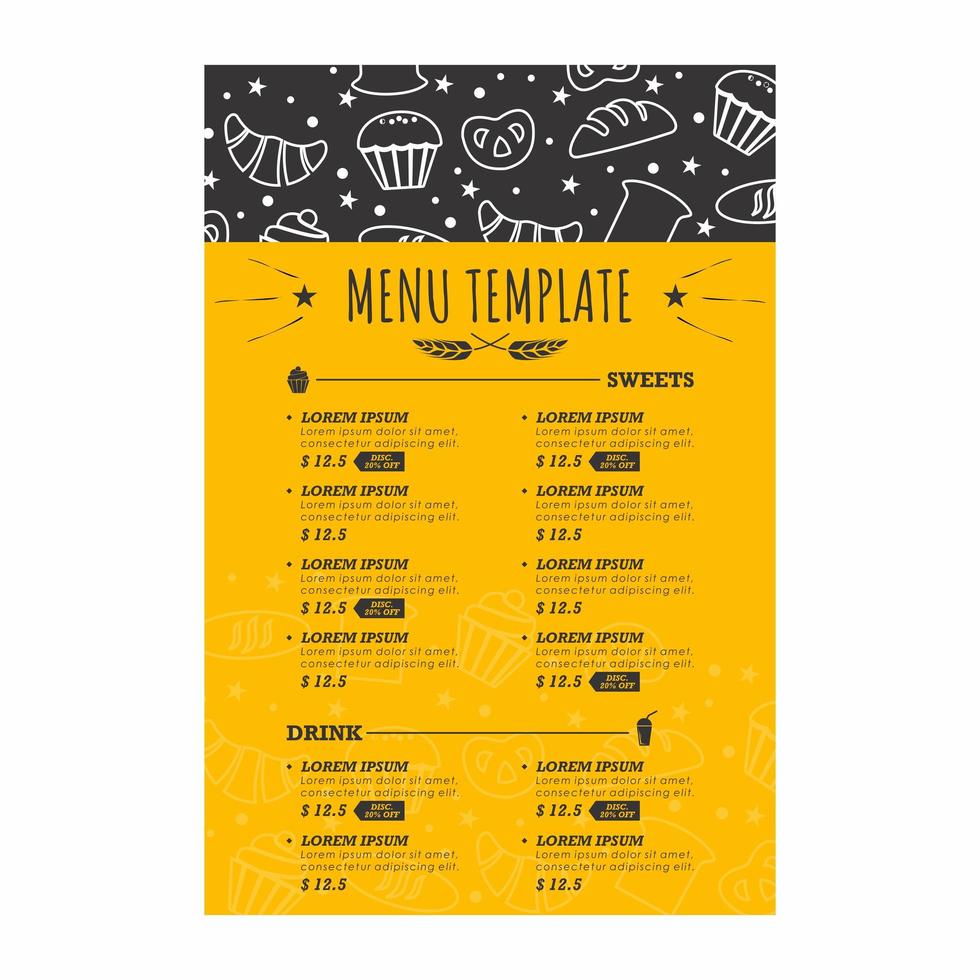 Bakery Menu with White Treat Doodles vector