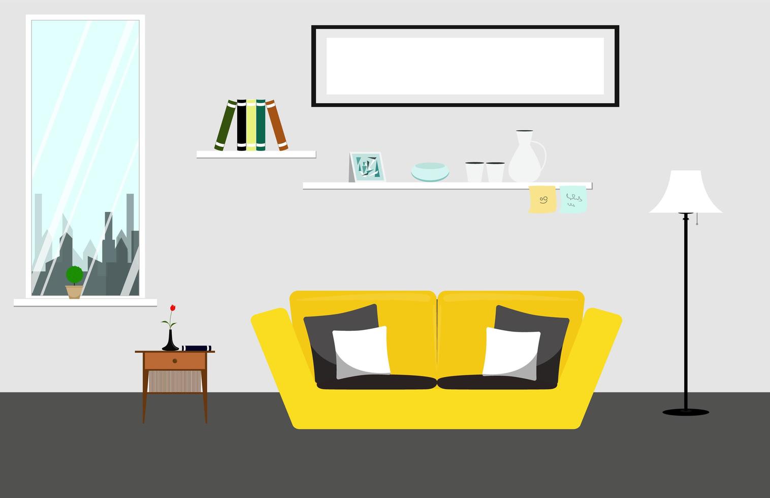 Flat Style Living Room with Yellow Couch vector