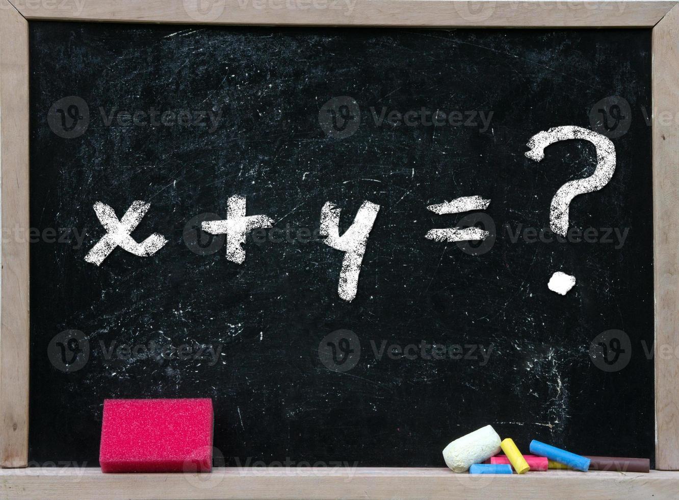 Math problem equation on a chalkboard with pink eraser photo