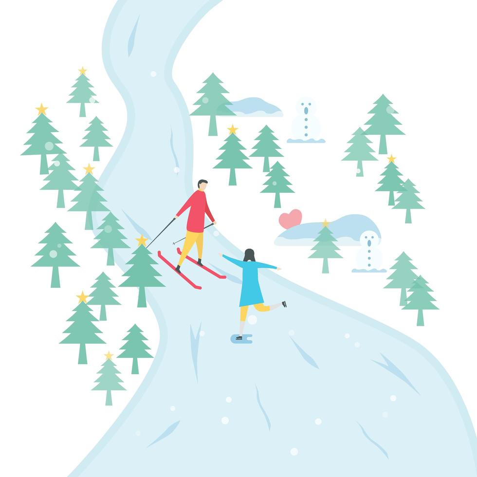 Romantic Couple Skiing and Ice Skating vector