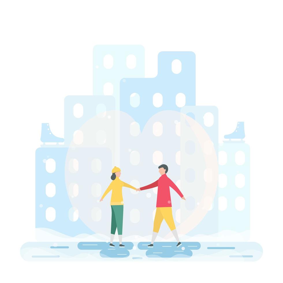 Couple in City Holding Hands and Ice Skating vector