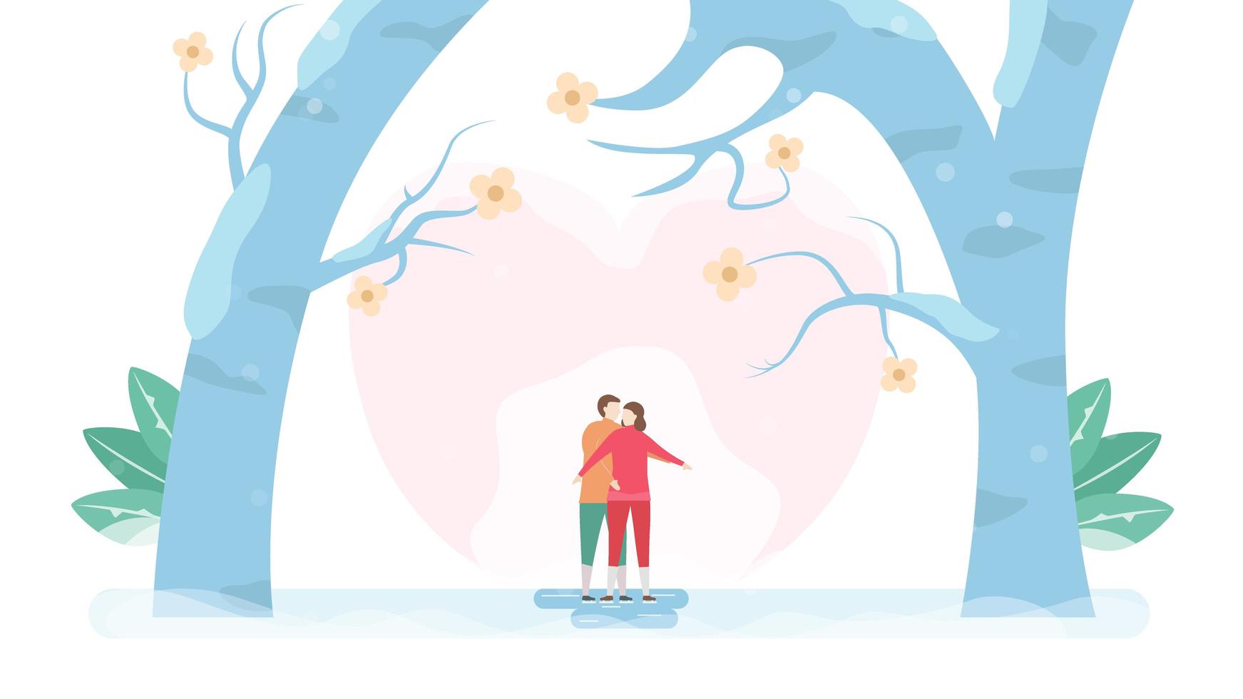 pareja patinar sobre hielo bajo grandes árboles vector