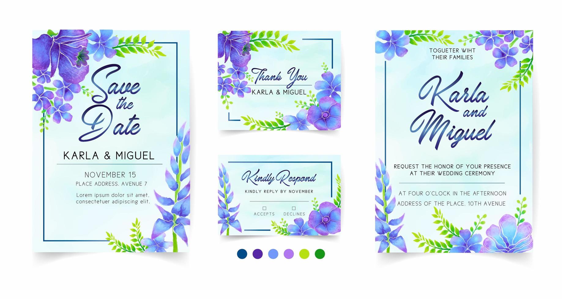 Papelería de boda en estilo acuarela floral azul vector