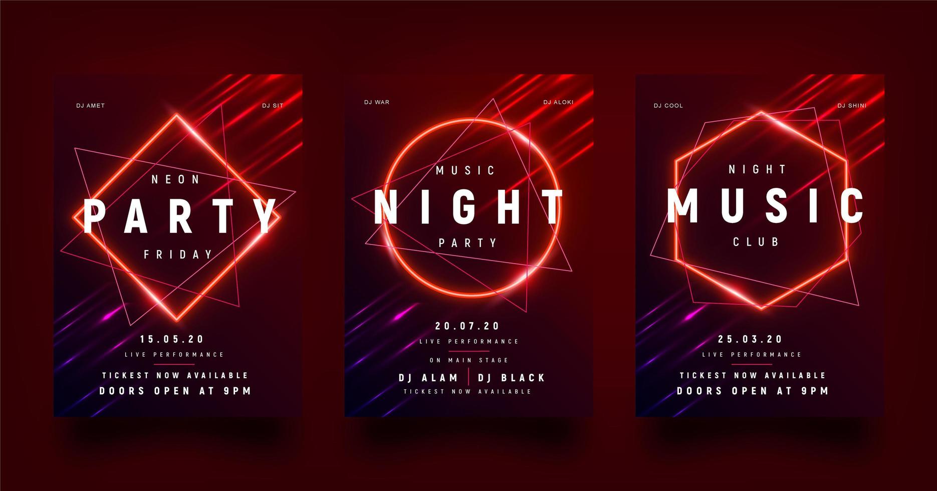 Glowing Red Geometric Shape Party Flyer Set vector