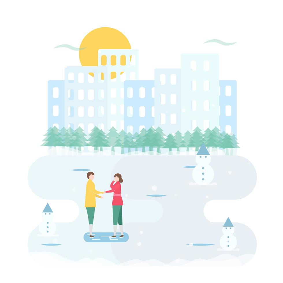 Ice Skating Couple Talking with City in Background vector