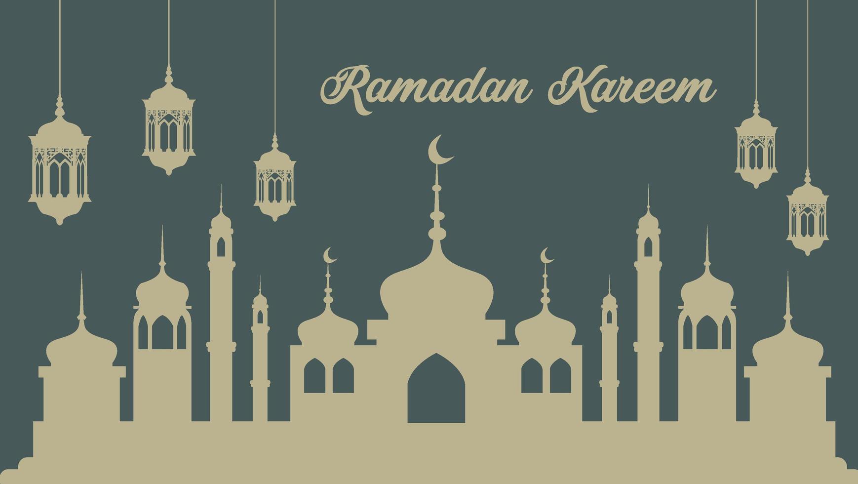 Ramadan Poster with Lanterns and Mosque Silhouette vector