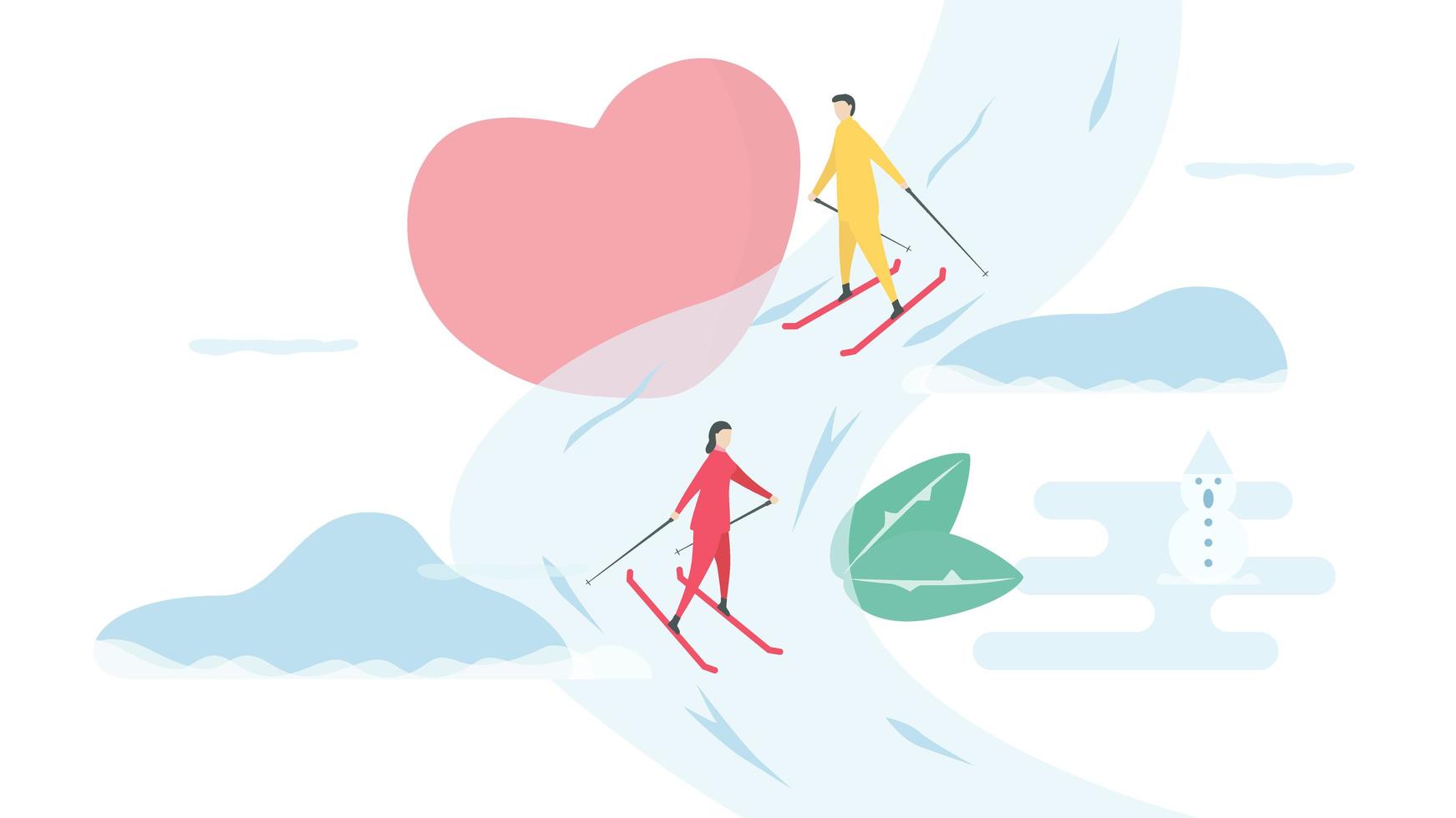 pareja romántica esquiar cuesta abajo vector