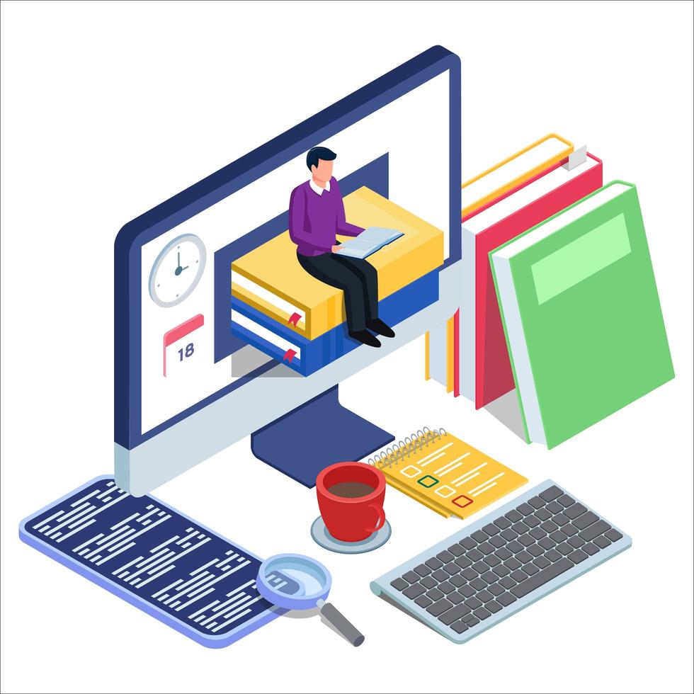 Reasing man sitting on books in computer vector