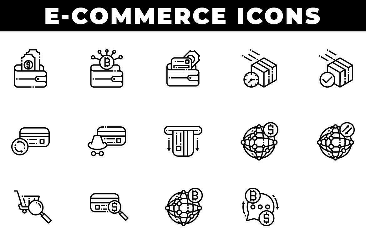 iconos de compras de comercio electrónico, incluidos billetera y bitcoin vector