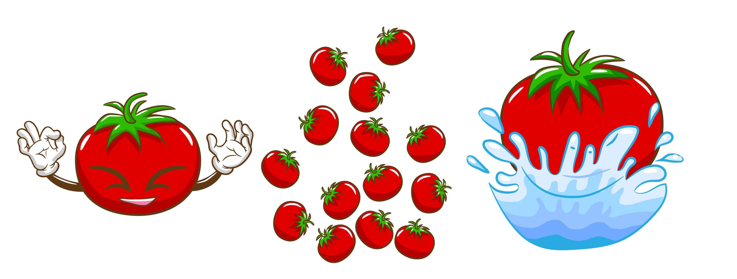 sonriente tomate rojo con otros tomates conjunto vector