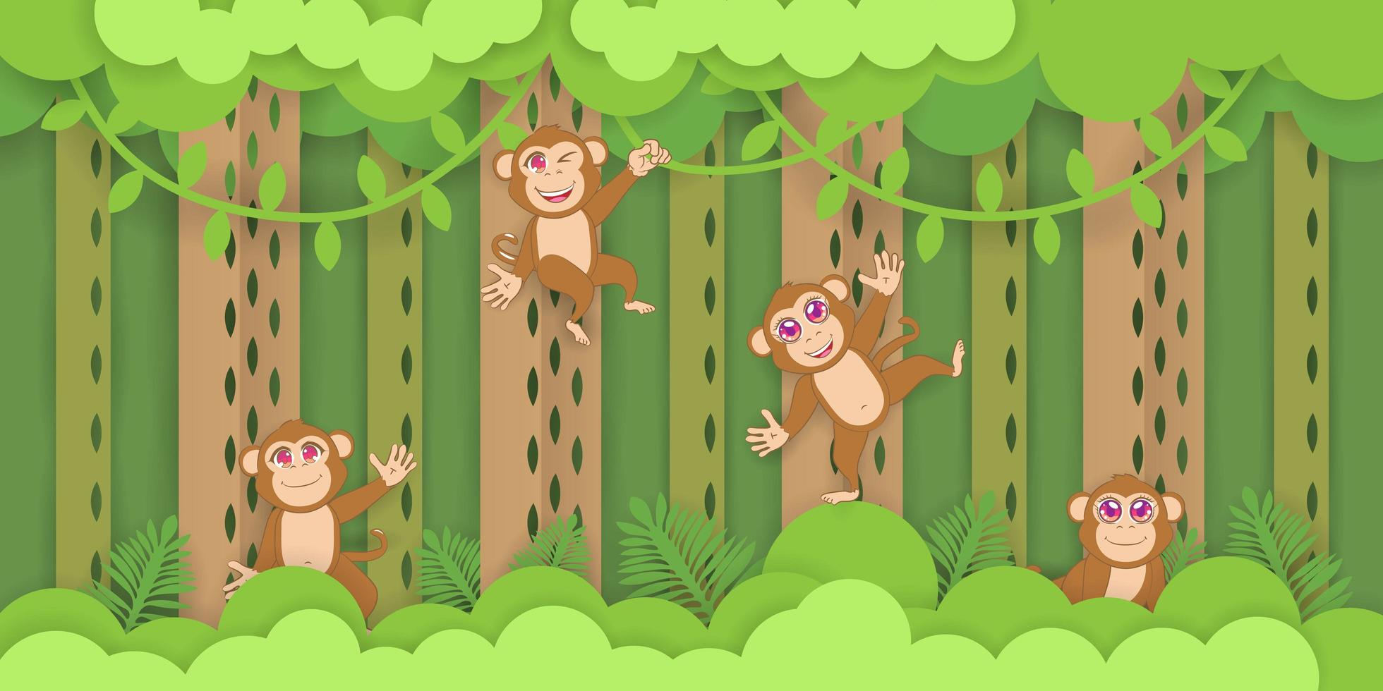 monos jugando en bosque tropical vector