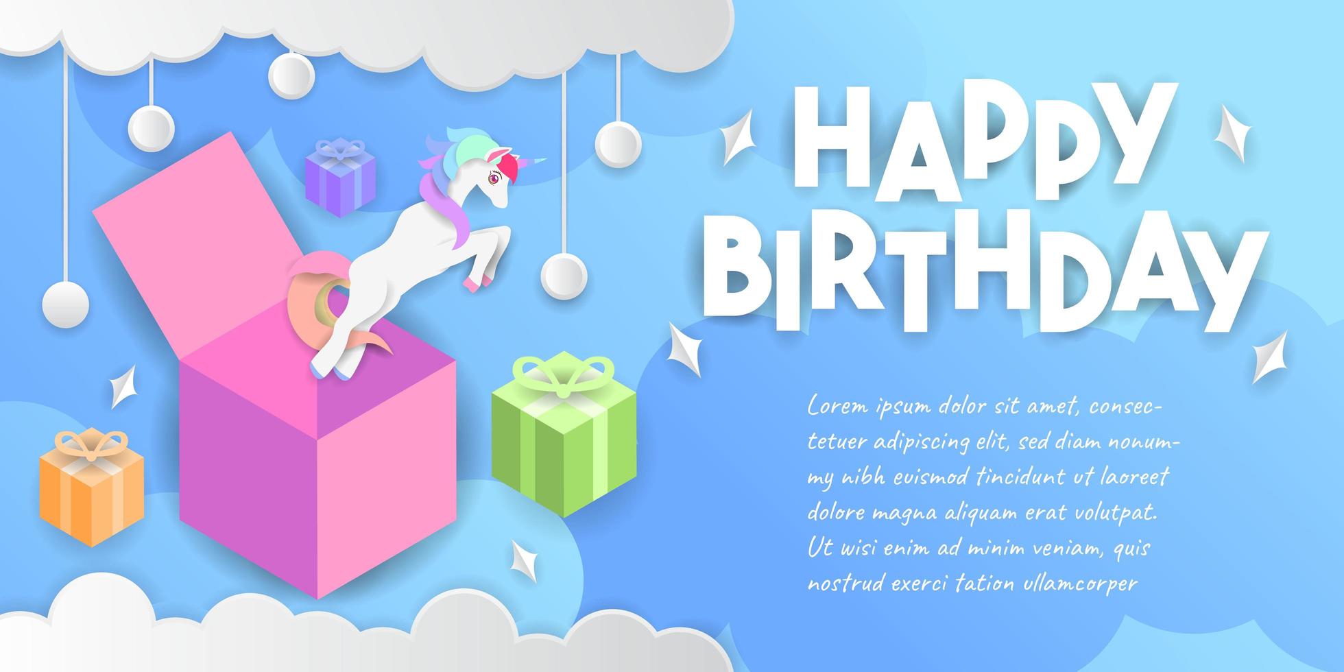 Happy Birthday Background with Unicorn Coming Out of Box vector