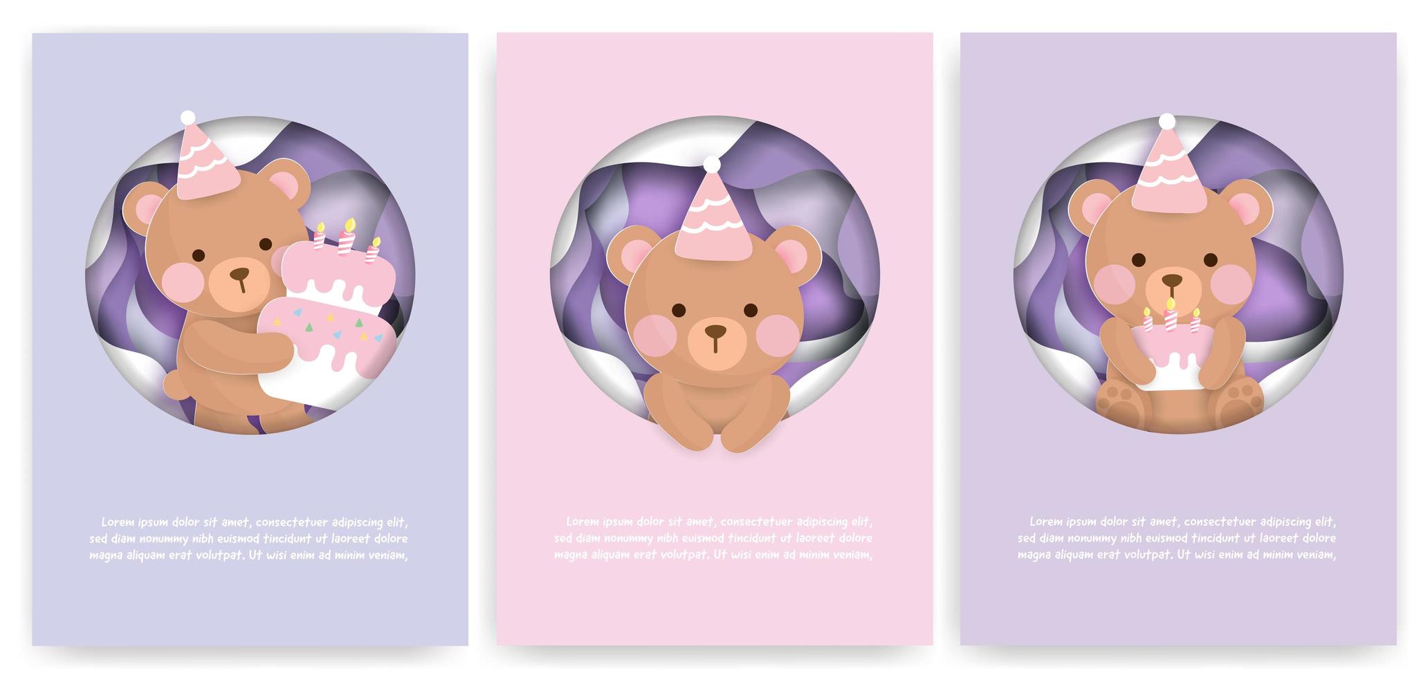 Paper Cut Card Set with Cute Birthday Bears vector